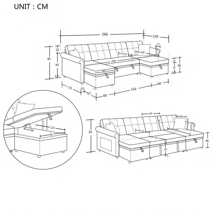 Sofá panorâmico conversível para 4/5 pessoas, com compartimento de armazenamento e função de cama, sofá em veludo em formato de U, cinza.