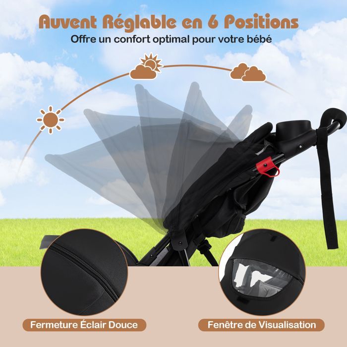 Cochecito plegable para bebé COSTWAY - Parasol ajustable - Asiento reclinable - 3 ruedas de goma con cámara de aire - 48 meses - 22 kg - 5 arneses