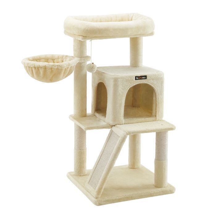 FEANDREA Arbre à Chat, Tour avec Haute de 96 cm, Plate-Forme d'observation, Beige
