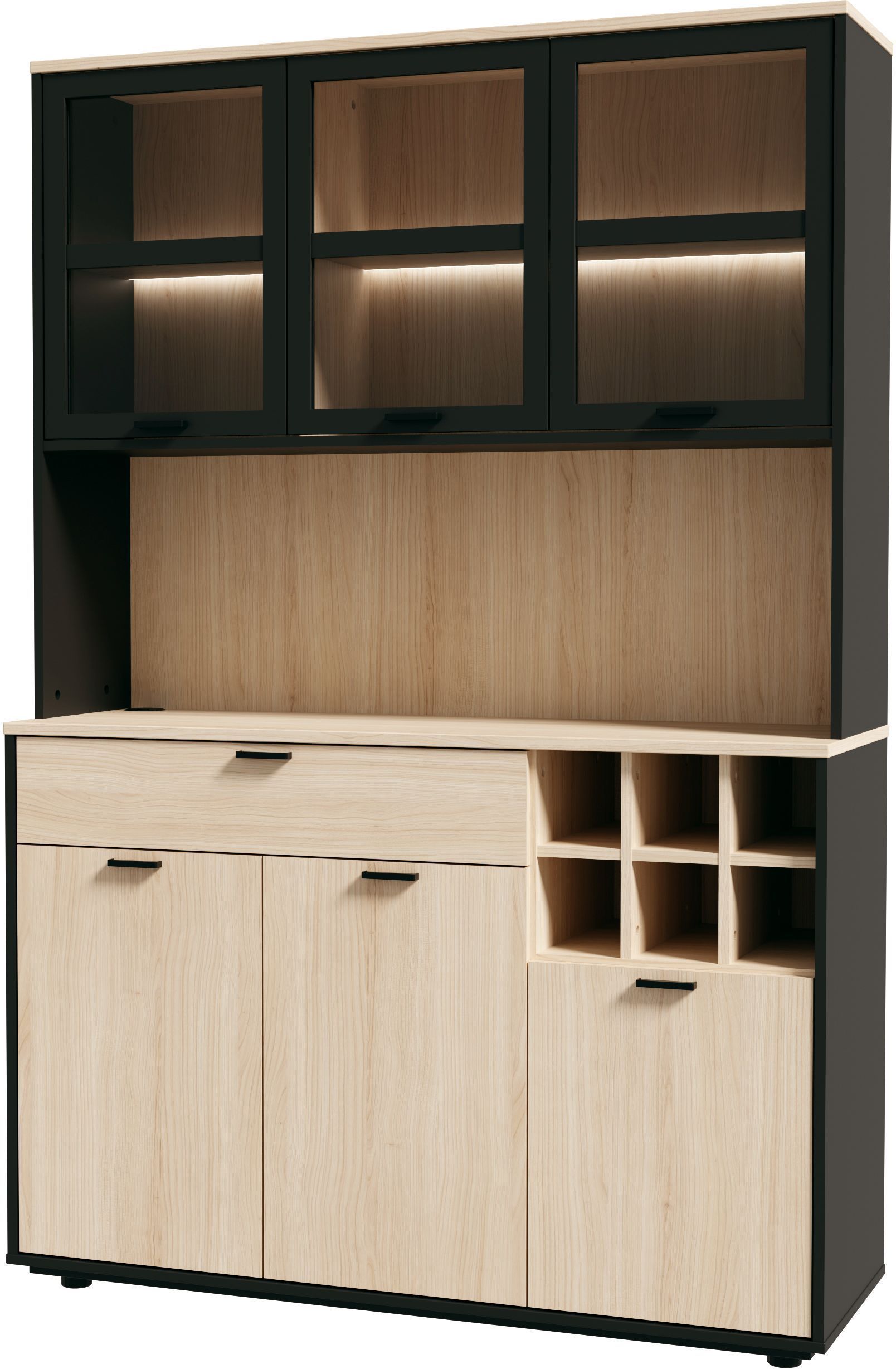 Aparador de cocina - MANTEK - 122,8 x 41,5 x 183 cm - Roble / Negro - Estilo industrial - Iluminación LED incluida