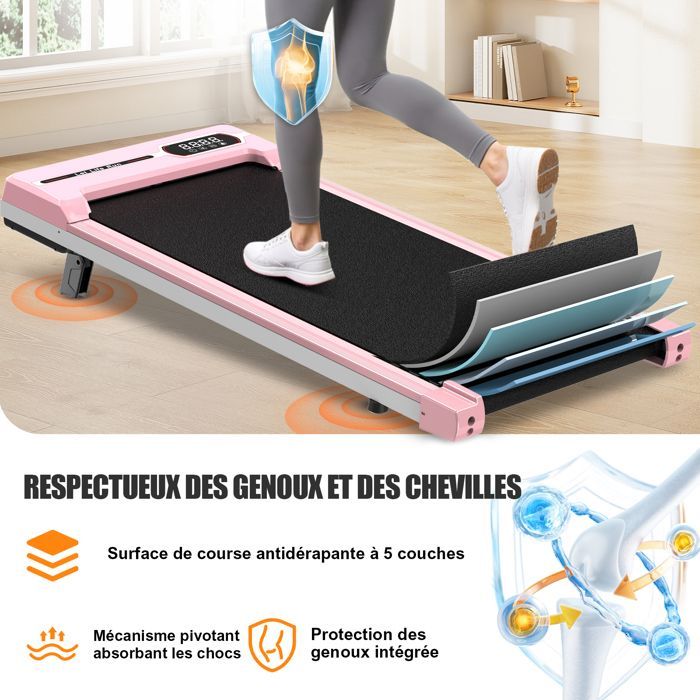 Tapis de course 1-8 km/h avec télécommande et écran LCD - Surface de course 92 x 38,5 cm Rose pour débutants