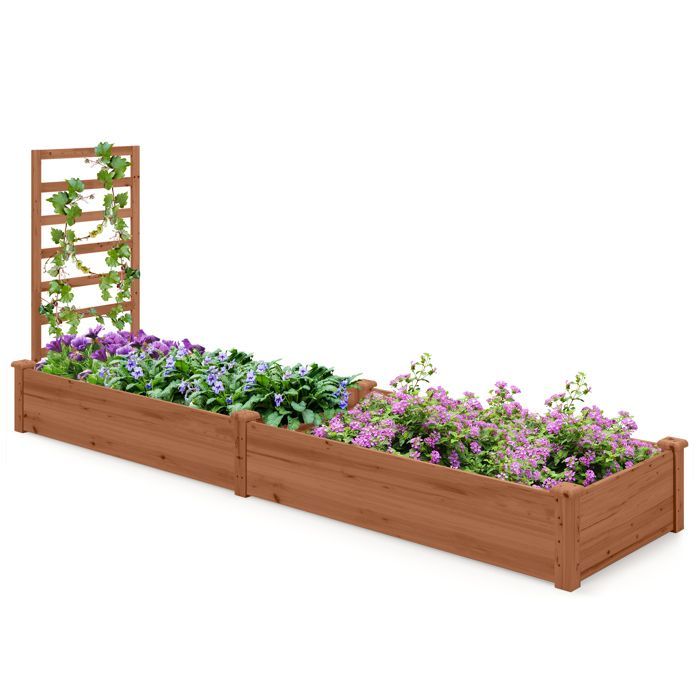 Cobertizo de jardín elevado de madera de abeto COSTWAY con enrejado, 2 jardineras, panel vertical, base abierta, ideal para flores y hortalizas.