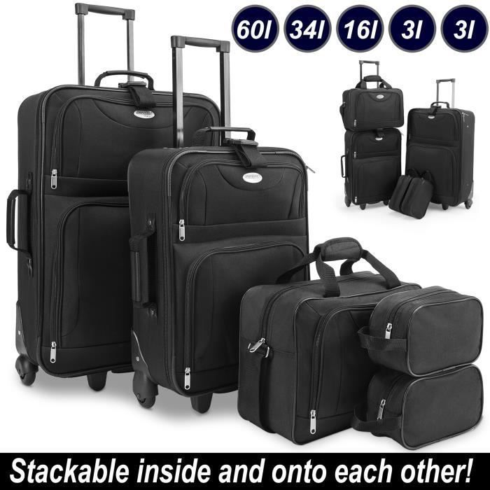 Juego de maletas MONZANA® de 5 piezas, negro, con ruedas blandas, bolsas de viaje, neceser, bolso de hombro y estuche de tocador.