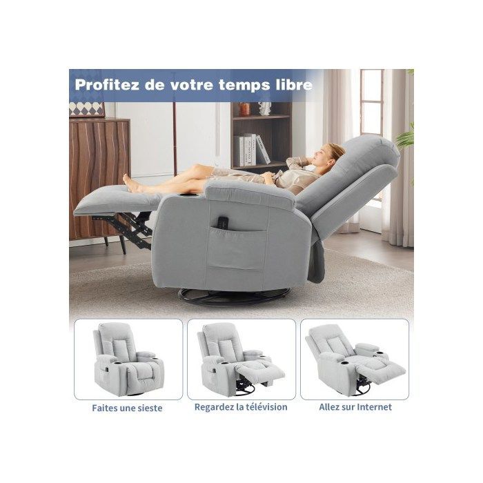 Sillón de masaje giratorio de 360°, sillón de relajación reclinable manualmente con calor y vibración, gris claro.