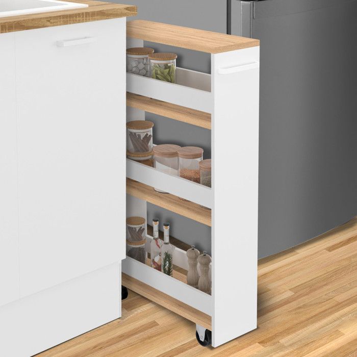 IDMARKET HAGA Space-Saving Kitchen Trolley, White and Beech Effect, Multi-Tier Storage Cart