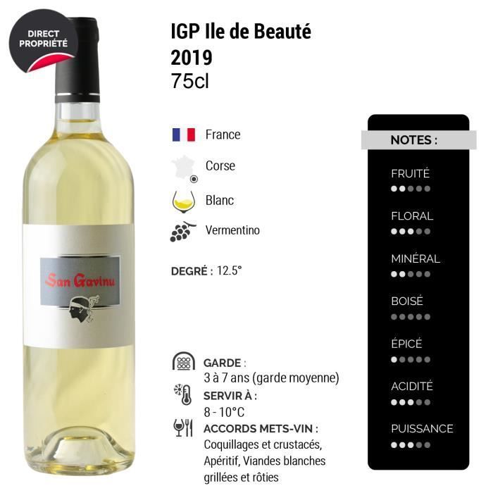 Ile de Beauté San Gavino Blanc 2019 - Lot de 3x75cl - Domaine San Gavino - Vin IGP Blanc de Corse - Cépage Vermentino