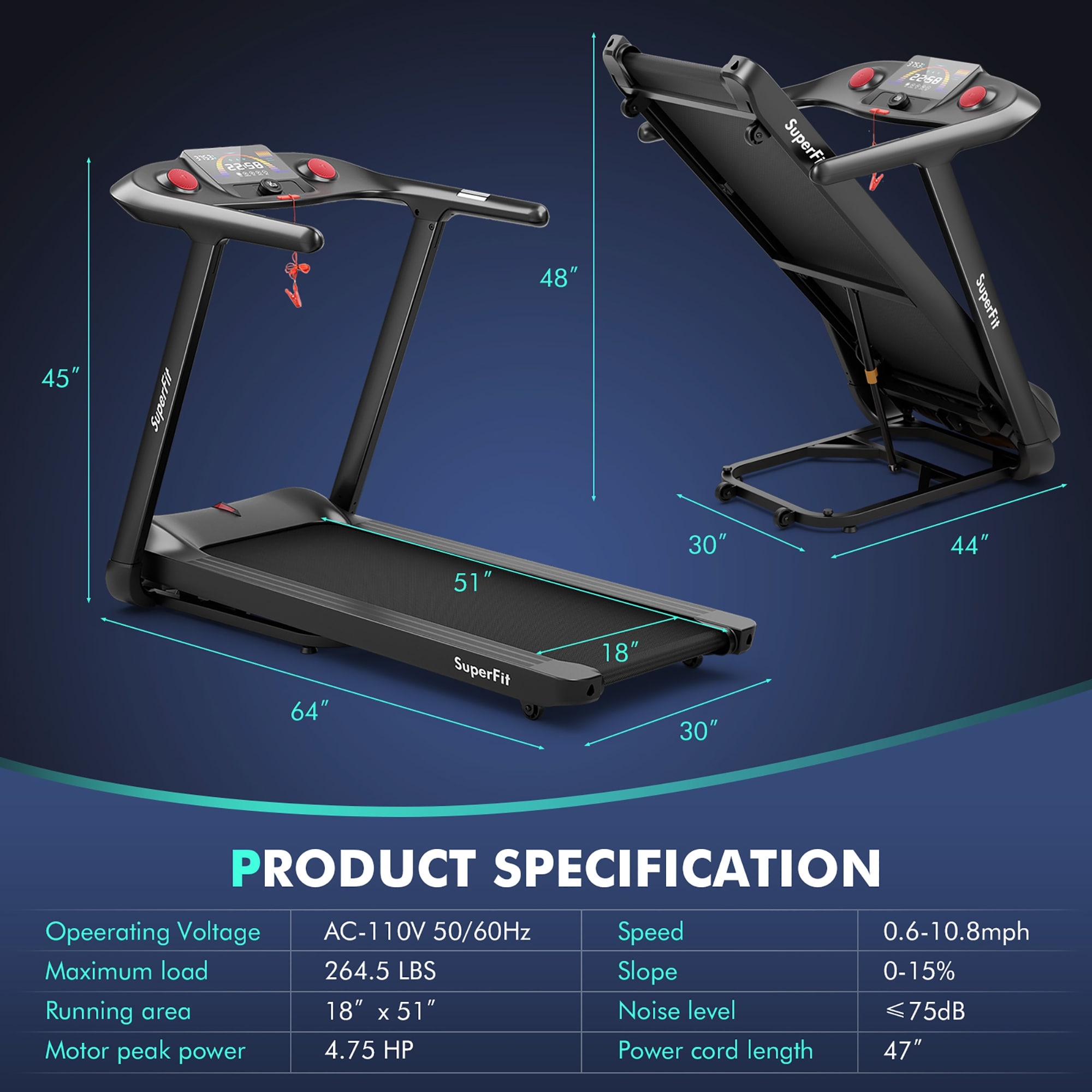 SuperFit 4,75 PS Klappbares Laufband mit voreingestellten Programmen und Touchscreen – 64'' x 30'' x 45''