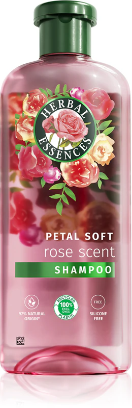 Shampoo Herbal Essences com fragrância de rosas e pétalas suaves para cabelos secos e danificados.