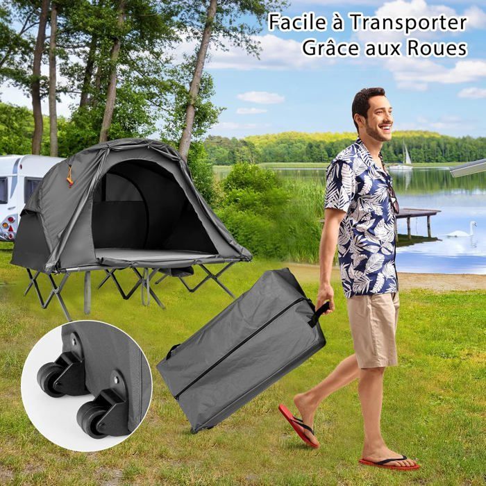 Tienda de campaña elevada COSTWAY de tejido Oxford 600D - Colchón autoinflable, bolsa de transporte con ruedas, doble techo, impermeable, gris