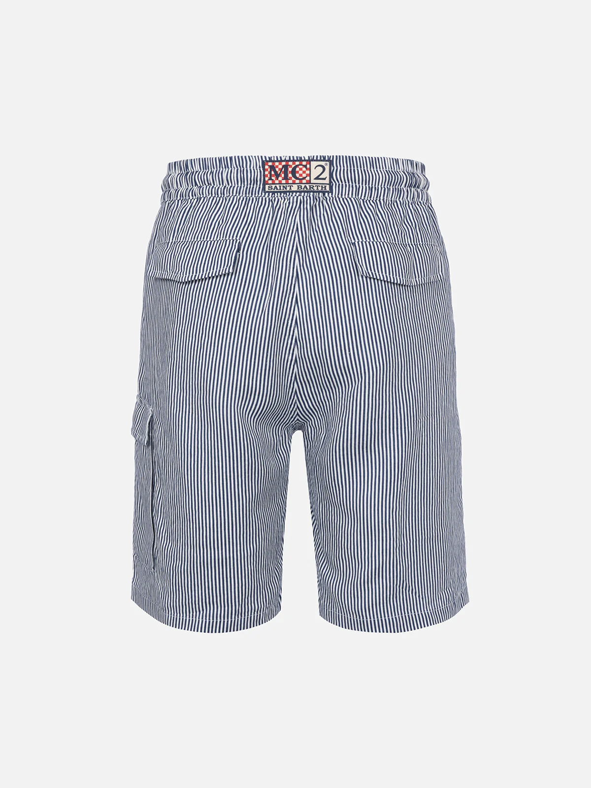 Marseille herenbermudashorts van blauw gestreept linnen.