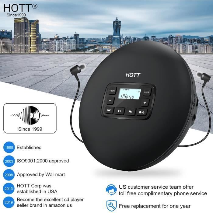Lettore CD portatile HOTT CD204, lettore CD personale compatto con schermo LCD, anti-salto, anti-shock, piccolo lettore CD musicale Walkman