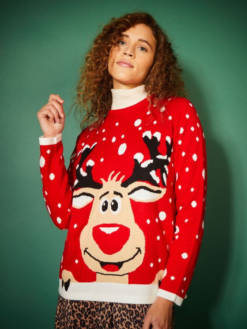 Kersttrui met rendierprint - ROOD