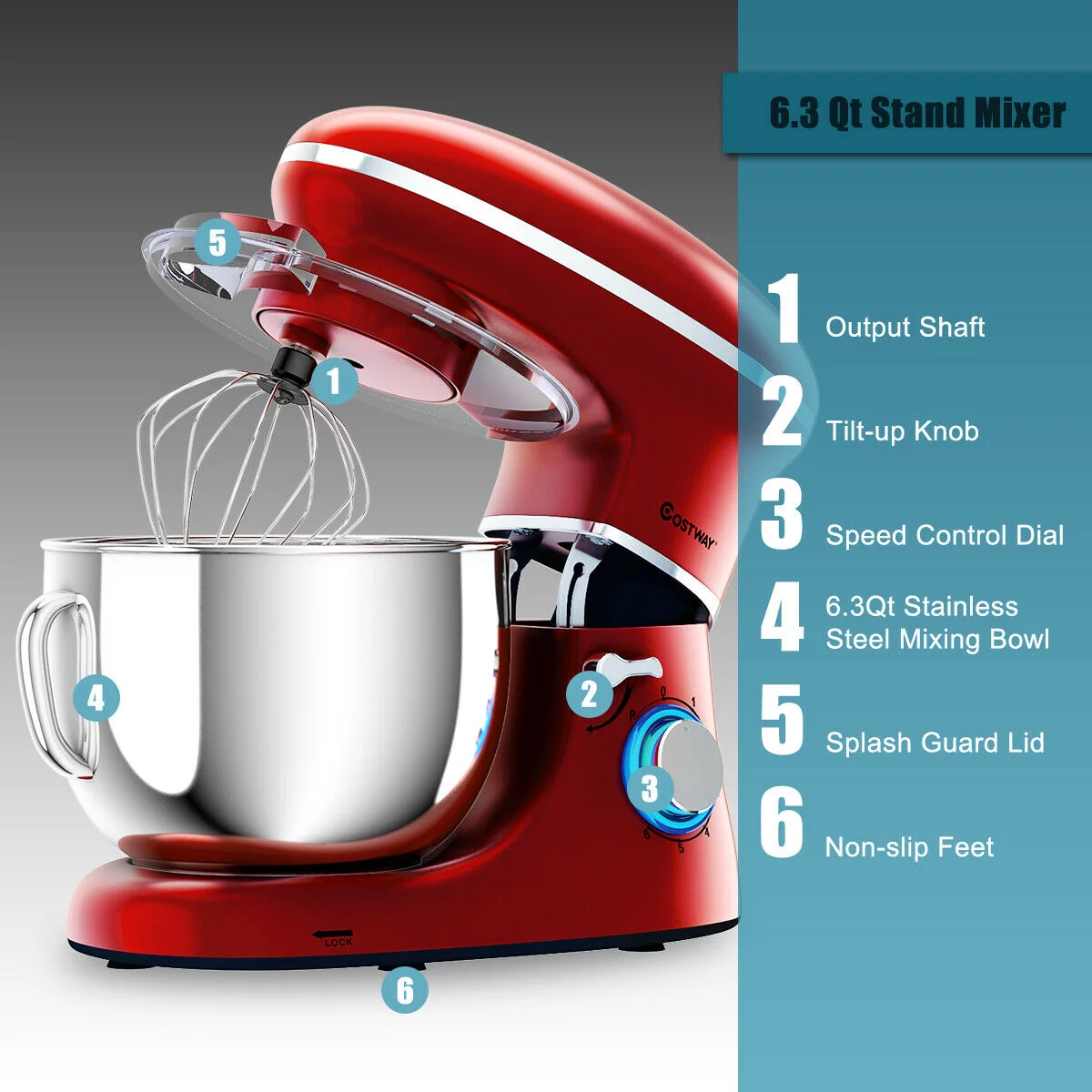 Costway keukenmixer met 6 snelheden, 660 W, deeghaak en garde, 6,3 liter, kantelbare kop, wit