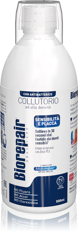 Enxaguante bucal Biorepair 3 em 1 para redução da placa bacteriana.