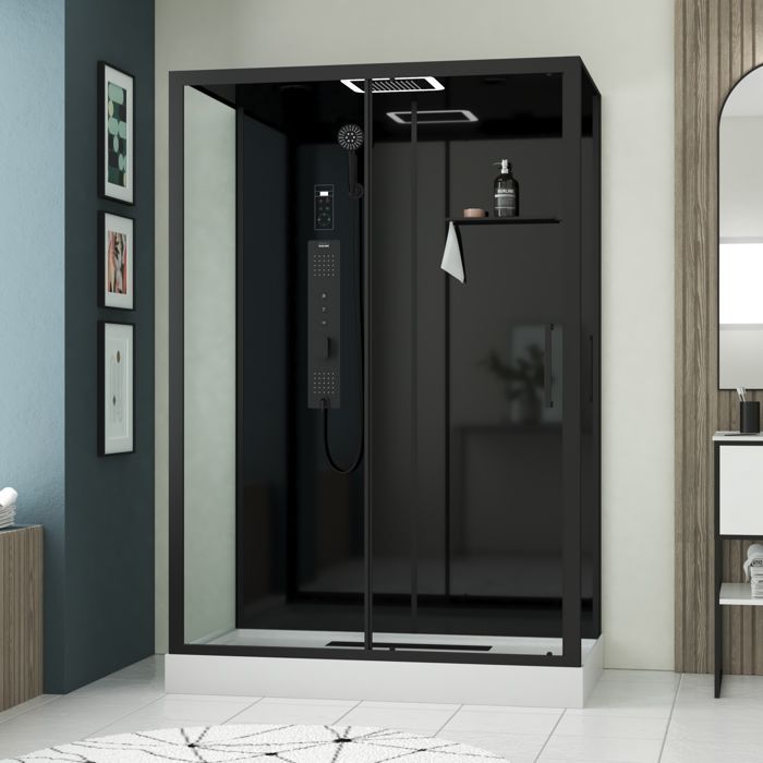 Cabina de ducha con hidromasaje de 140x85x218 cm - Puerta corredera - Panel trasero y perfiles en negro mate