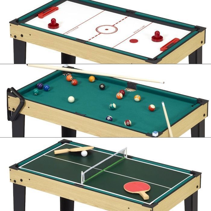 Tavolo da gioco KANGUI 10 in 1: calcio balilla, biliardo, ping pong, hockey, bowling, carte, struttura in legno, accessori inclusi.