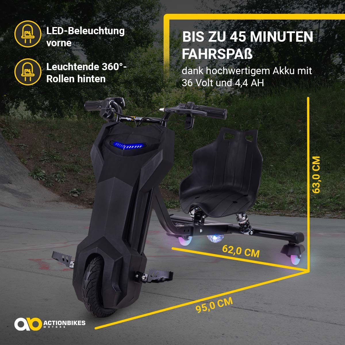 Actionbikes Motors háromkerekű roller drift roller Drifter 360, 15.00 km/h, 250 watt - LED 360°-os kerekek - felfüggesztés - 3 szint - drift trike