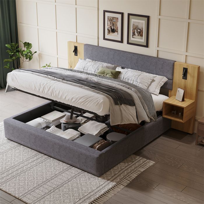 Cama de 180x200 con somier de láminas y mesita de noche, cama doble con espacio de almacenamiento, cabecero ancho y puerto USB, lámpara de lectura, terciopelo gris y madera.