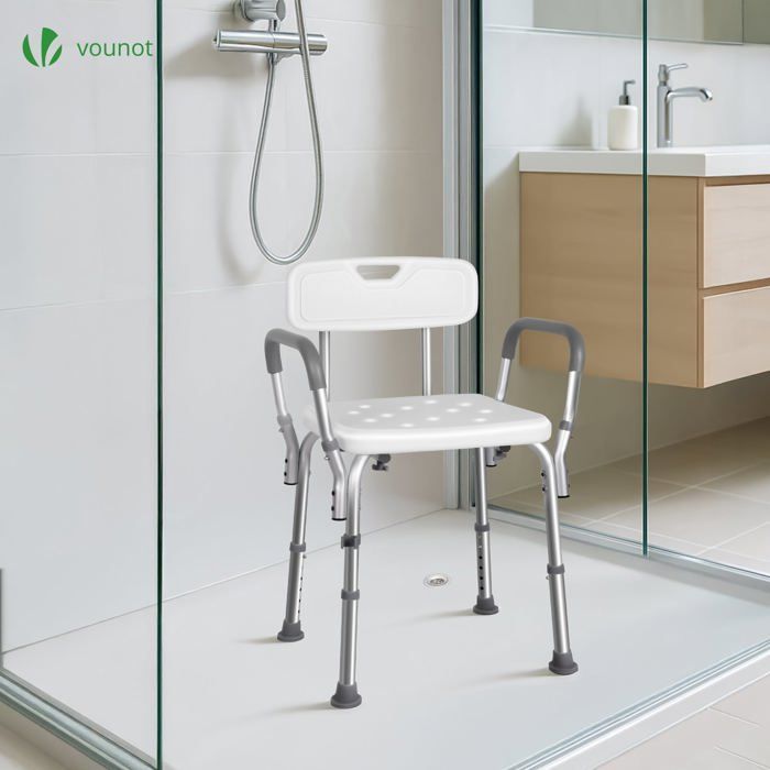VOUNOT® Duschstuhl mit Rücken- und Armlehnen – Höhenverstellbar – Rutschfeste Füße – Sitzfläche aus Aluminium-HDPE – Weiß