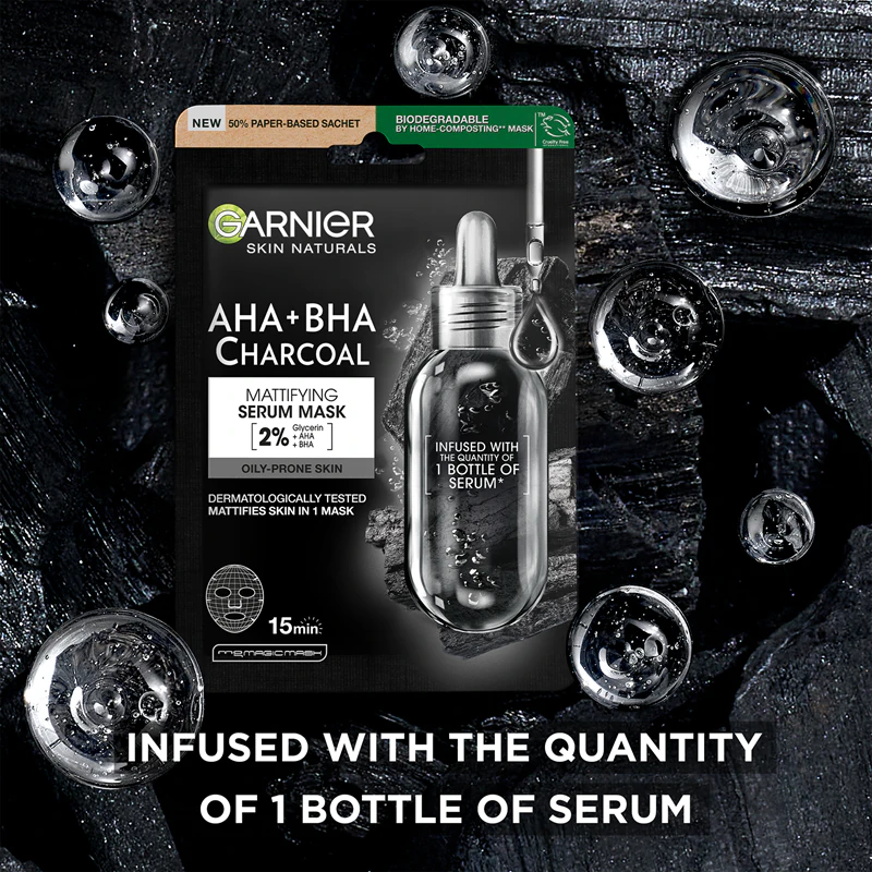Máscara facial de tecido preto Garnier Pure Active com extrato de algas marinhas
