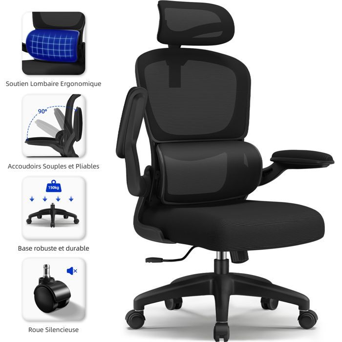 Ergonomic Office Chair, Office Chair, Tiltable and Swivel, Adjustable Armrests, Lumbar Support, Headrest