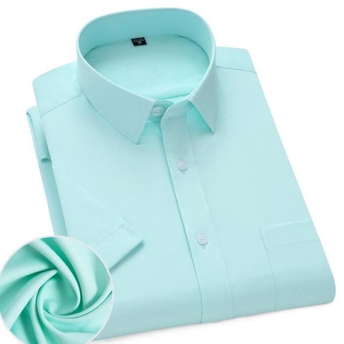 Camisa de verano para hombre de manga corta de sarga, camisa elegante con bolsillo, color liso - Verde