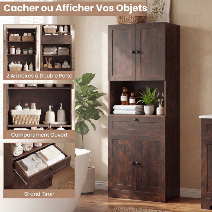 Mobiletto da bagno alto GIANTEX, ripiani regolabili, mobile multiuso per cucina, soggiorno, lavanderia, marrone rustico