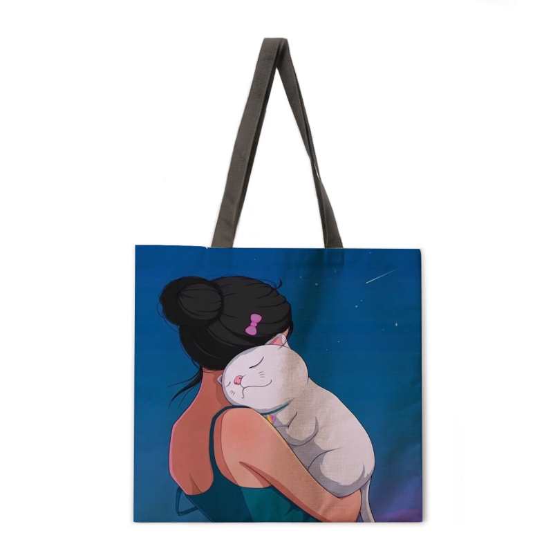 Sac à main femme imprimé fille et chat, cabas décontracté et pliable, sac de courses d'extérieur, sac de plage, sac à main quotidien