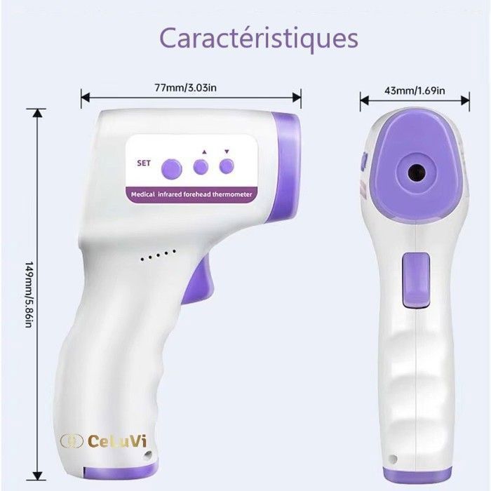 Thermomètre Frontal rapide et précis bébés et adultes - CeLuVi - Avec alarme fièvre par Code Couleur, Ecran LCD, historique