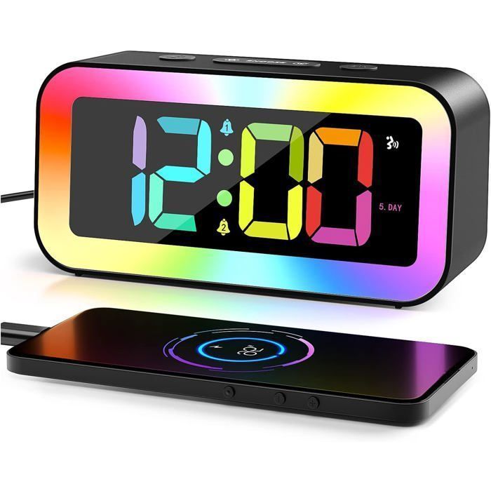 Réveil Numérique, Reveil Enfant Lumineux avec Veilleuse 7 Couleurs, LED Horloge Digitale, Ado Reveil Matin, avec 2 Modes d'Alarme