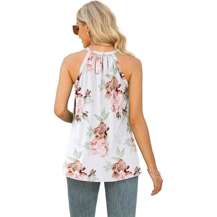 T-Shirt Femme Dentelle Sans Manches Casual Tee Shirt Plissé Ete Col Rond Couleur Unie