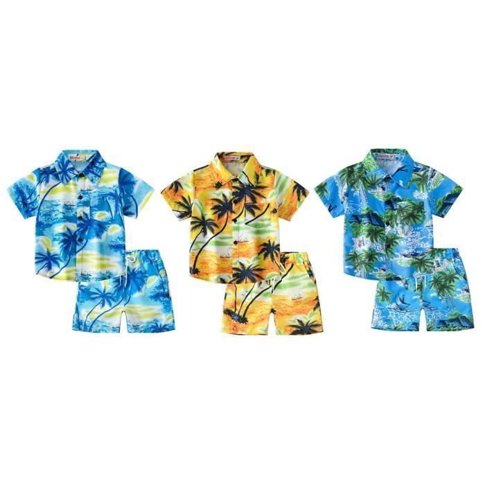 Hawaiian Short-Sleeve Shirt and Beach Shorts Set with Elastic Waist, 2-Piece Summer Outfit for Boys - Blue