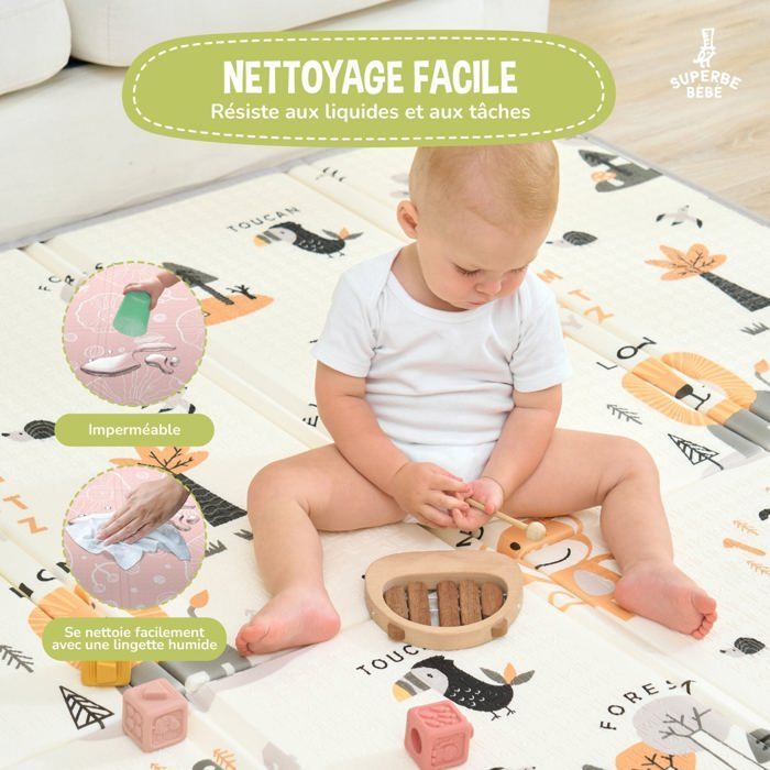 Alfombra de juegos plegable reversible e impermeable - 180x150x1cm | Alfombra de juegos de espuma para niños - JUNGLA | SUPERB BABY