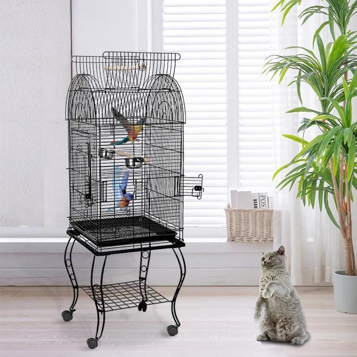 MIPAN. Jaula para pájaros con comederos y ruedas - Para canarios, periquitos y loros - 59×59×150cm - Negra