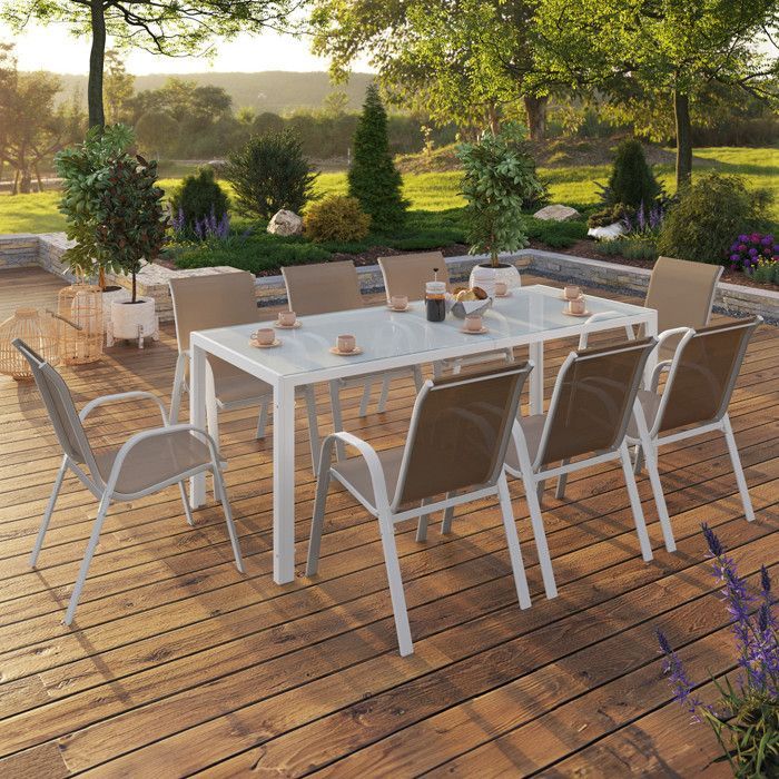 IDMARKET MADRID garden furniture set: 190cm table and 8 stackable chairs, white and beige