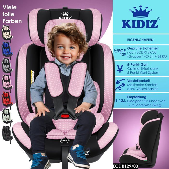 Seggiolino auto KIDIZ® per bambini e neonati da 9 a 36 kg, gruppo 1+2+3, cintura di sicurezza a 5 punti, poggiatesta regolabile, omologazione ECE R129/03, colore rosa.