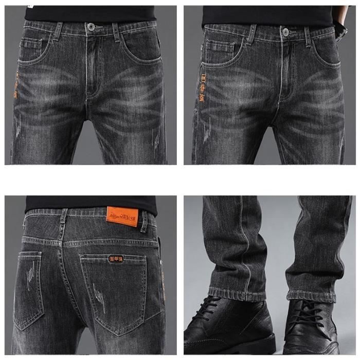 Pantalones vaqueros ajustados elásticos para hombre, 5 bolsillos, denim moderno con efecto desgastado para otoño/invierno - Gris
