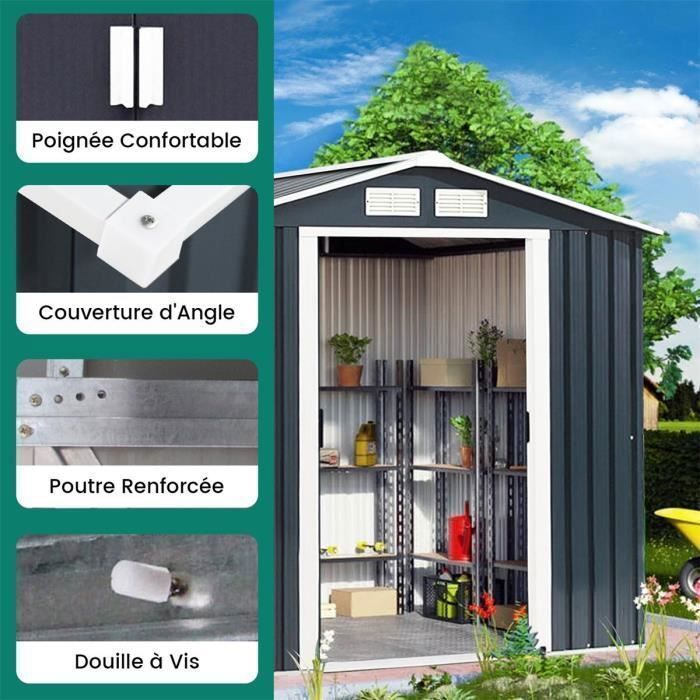 Abri de Jardin en Métal Galvanisée 2,71m² 213x127x185CM COSTWAY-Base Creuse-Porte Coulissante,2 Fenêtres de Ventilation-Gris