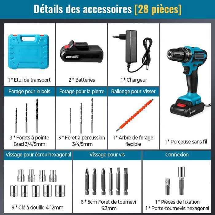 Perceuse Visseuse Sans Fil 28V, Visseuse Devisseuse 32N.m couple, avec 24 Accessoires +2 Batterie+chargeur