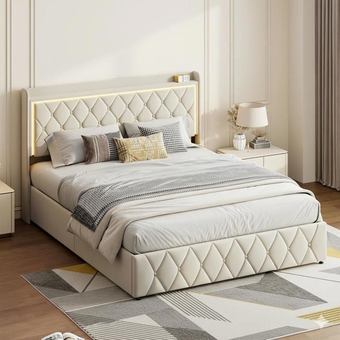 160x200cm Bed - 160x200cm Storage Bed and Slatted Base - Double Bed with RGB LED Headboard, USB Charging Port and Shelf - Beige Velvet