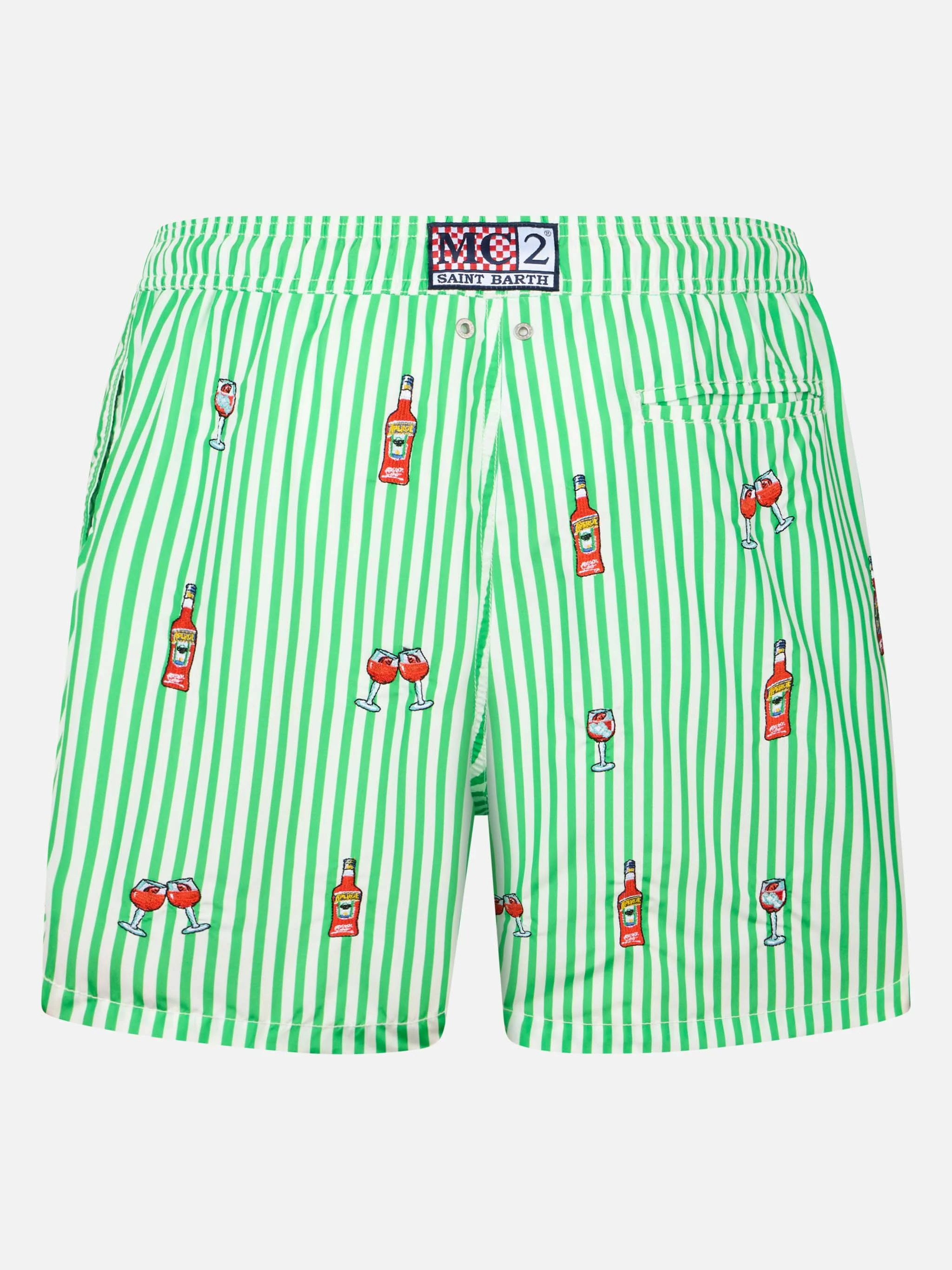Man Mid-Length Striped Gustavia Swim Shorts | Aperol Spritz Special Edition Embroidery | Green & White Print | Elasticated, Adjustable