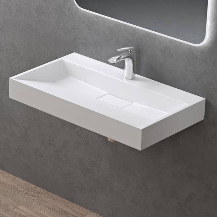 Lavabo mural Doporro con desagüe, lavabo de encimera, blanco mate, 70x46x11cm, lavabo rectangular con orificio para taladrar, Colossum19