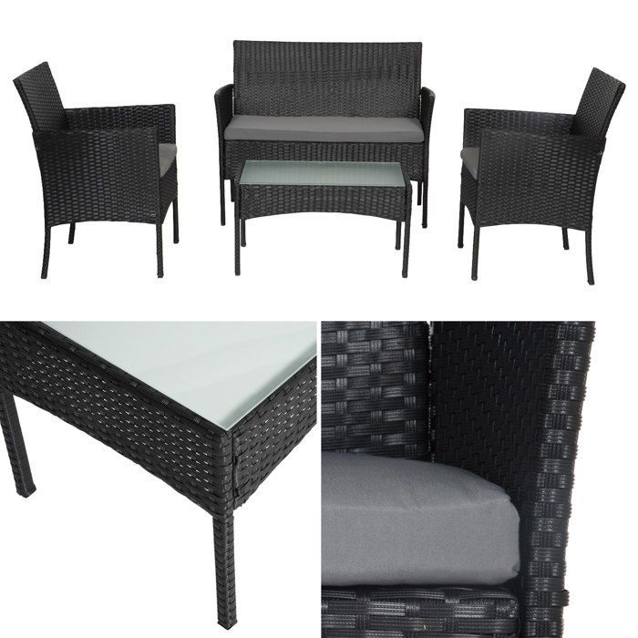 Conjunto de muebles de jardín CORDOUE de 4 plazas en resina tejida negra con cojines grises.