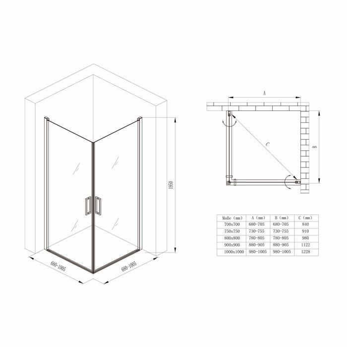 Mampara de ducha de diseño Rav24k de 70x80x195cm con 2 puertas pivotantes, cristal de seguridad transparente de 6 mm y su