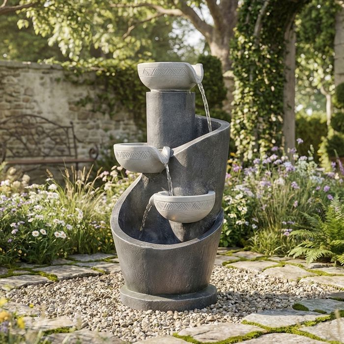 Fontaine de Jardin avec éclairage LED, Pompe à Eau, Revêtement Extérieur en Pierre Artificielle et Bassin Décoratif, Résine, Gris