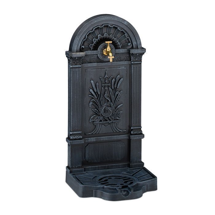Relaxdays Outdoor Garden Fountain, Nostalgic Design, Tap and Basin, Freestanding, HxWxD: 82.5 x 39 x 33 cm, Grey