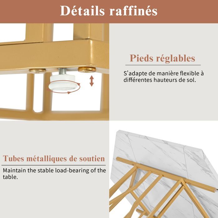 Mesa de comedor moderna - MDF - Patas doradas - Mesa de cocina - 115,5 x 100 x 75 cm - Blanca