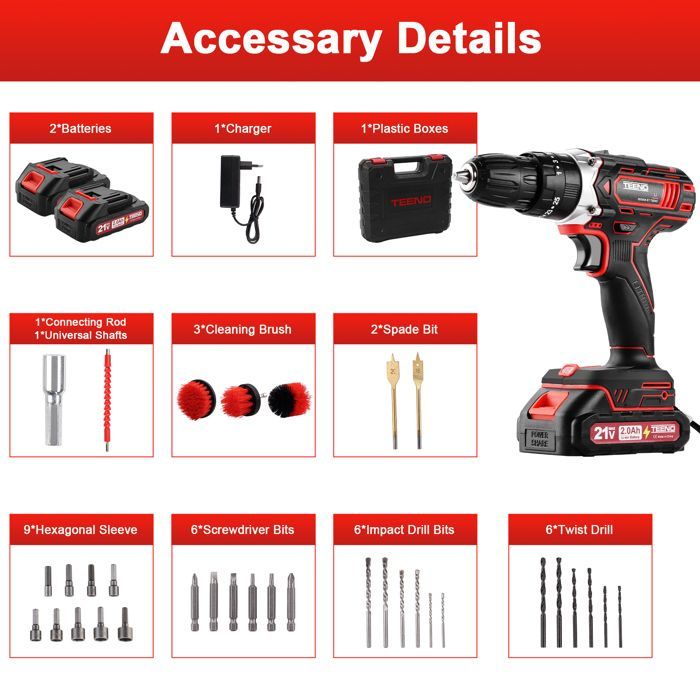 Cordless Drill Driver - TEENO - 21V Drill Driver - 45 Nm - 2 Speeds - 2x2.0Ah