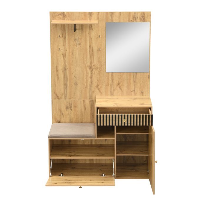 Garderoben-Set für den Eingangsbereich 110 x 37 x 185,5 cm – mit Spiegel und Haken – Schuhschrank und Schuhbank – Natur