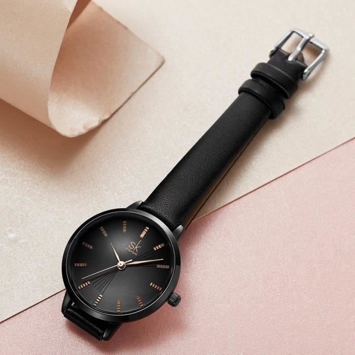 Reloj de mujer con correa de piel, 2020, movimiento de cuarzo sencillo, resistente al agua, negro.